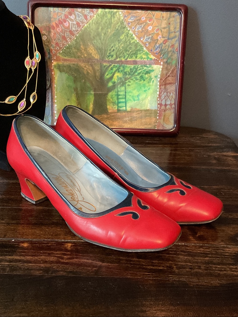 Vintage Johansen/Rich’s Atlanta Red Women's Mid-Heel Pumps with Navy Trim
